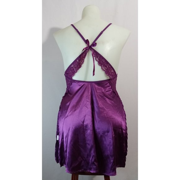 Avidlove Purple Satin and Lace Babydoll Nightie Criss-Cross Back Side Slits Sz L - Picture 4 of 5